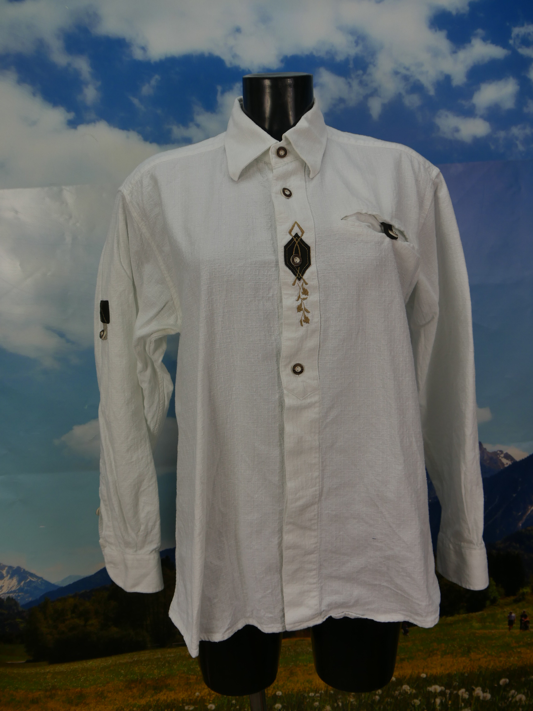 Gr.M Trachtenhemd Hemd Distler weiß Baumwolle Blumen Blätter Stickerei TH1165