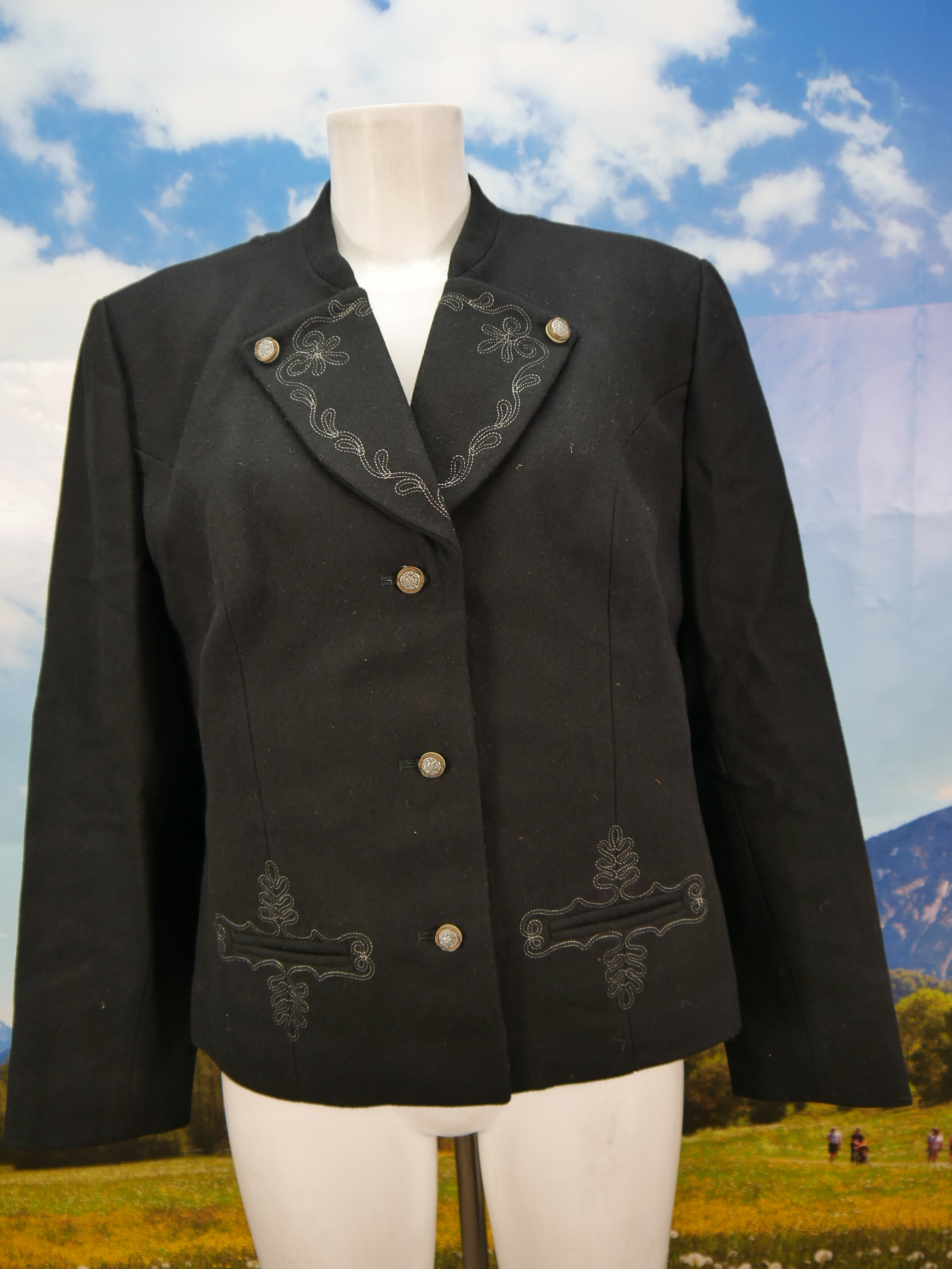 Echt Vintage dicker Loden Blazer Stickerei Jacke schwarz Trachtenjacke Gr.44