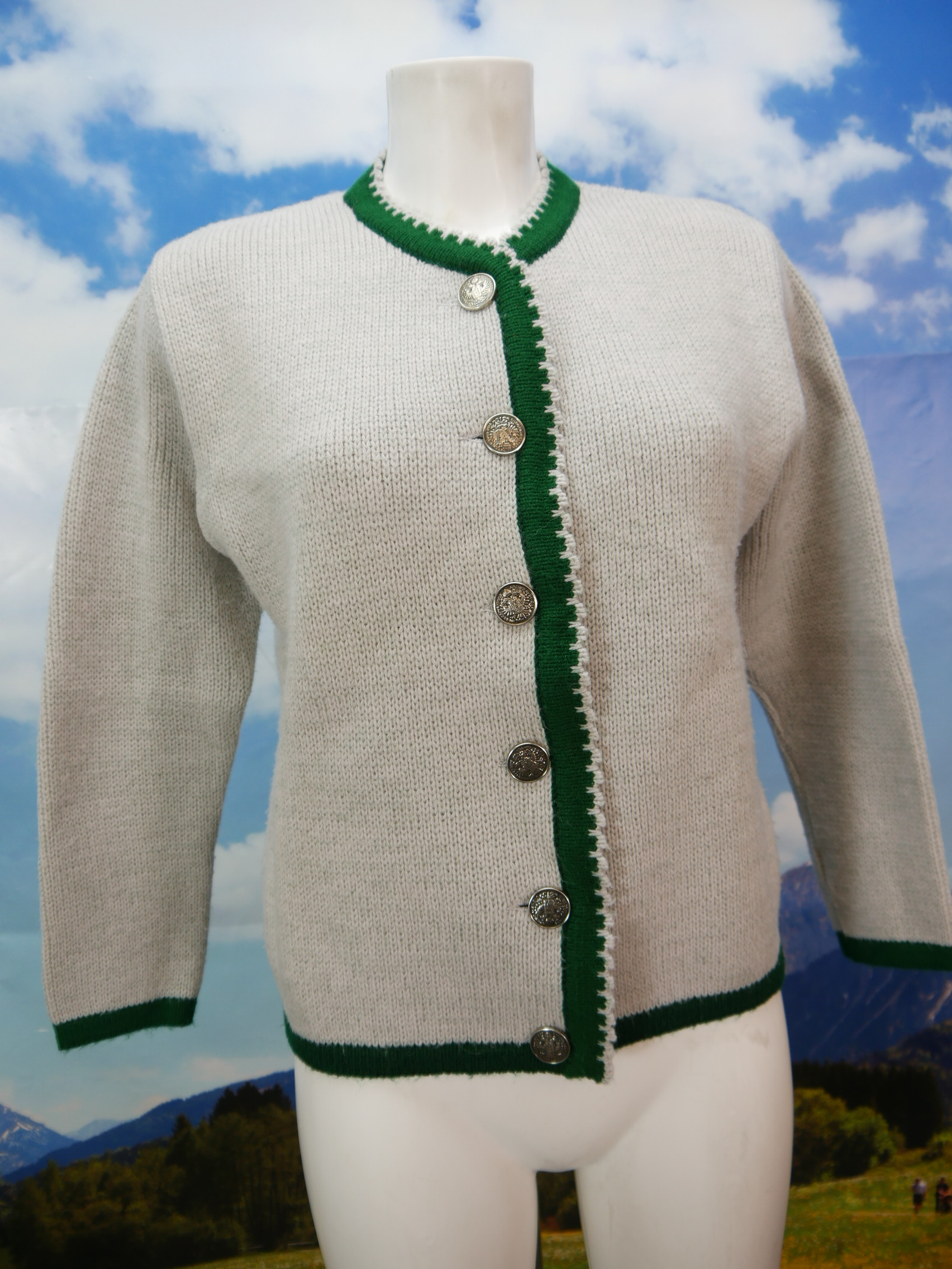 Herrlich feine graue Strickjacke mit grüner Borte süße Trachtenjacke Jacke Gr.42