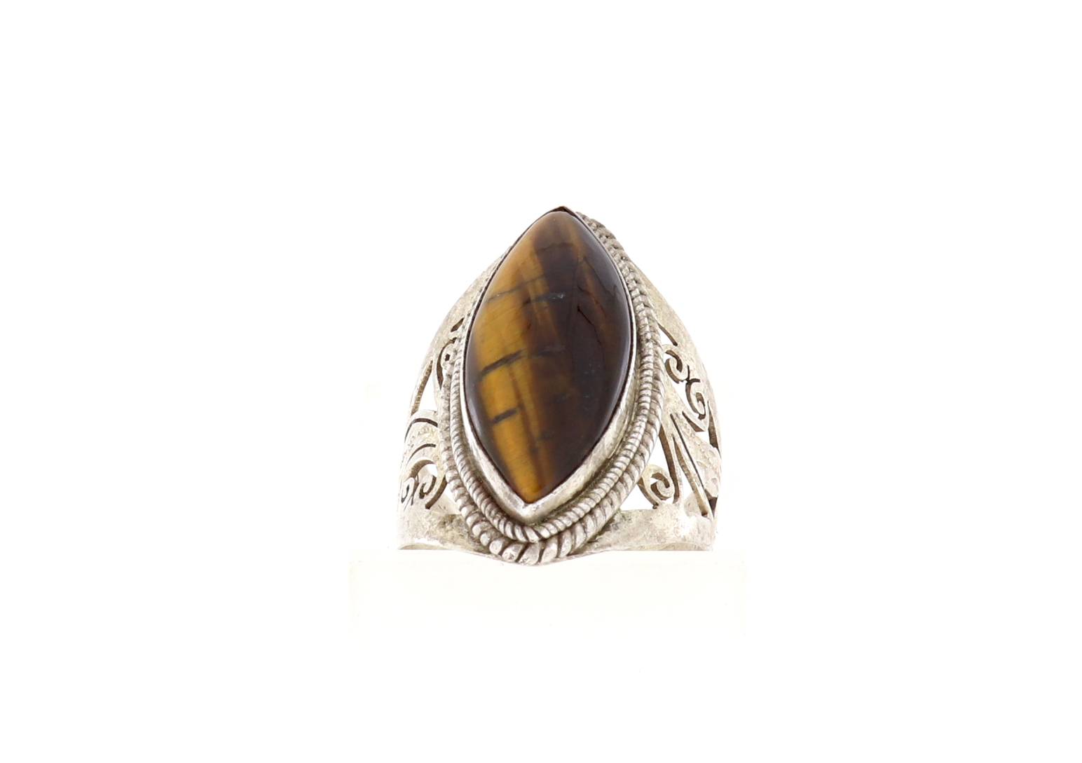 Ring langes Tigerauge marmoriert in braun filigrane Fassung Silber Größe 59 - 9