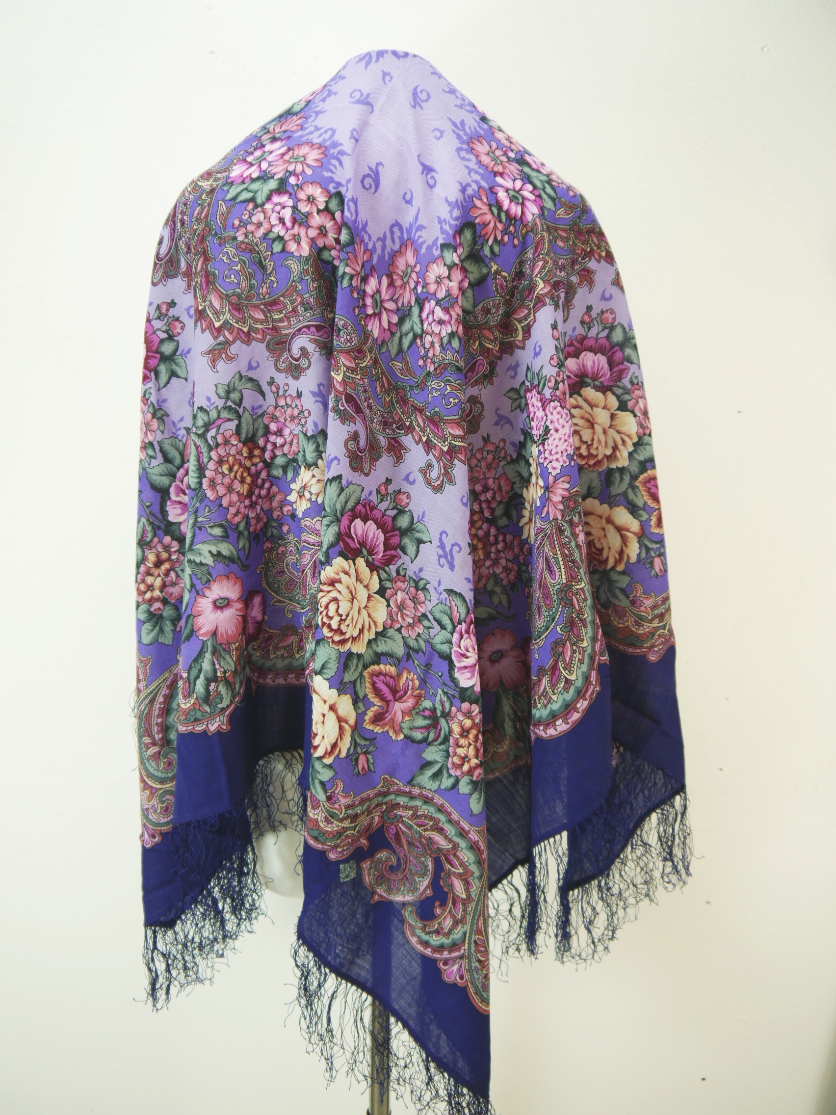 Extraordinary shawl blue Wool shawl with floral pattern